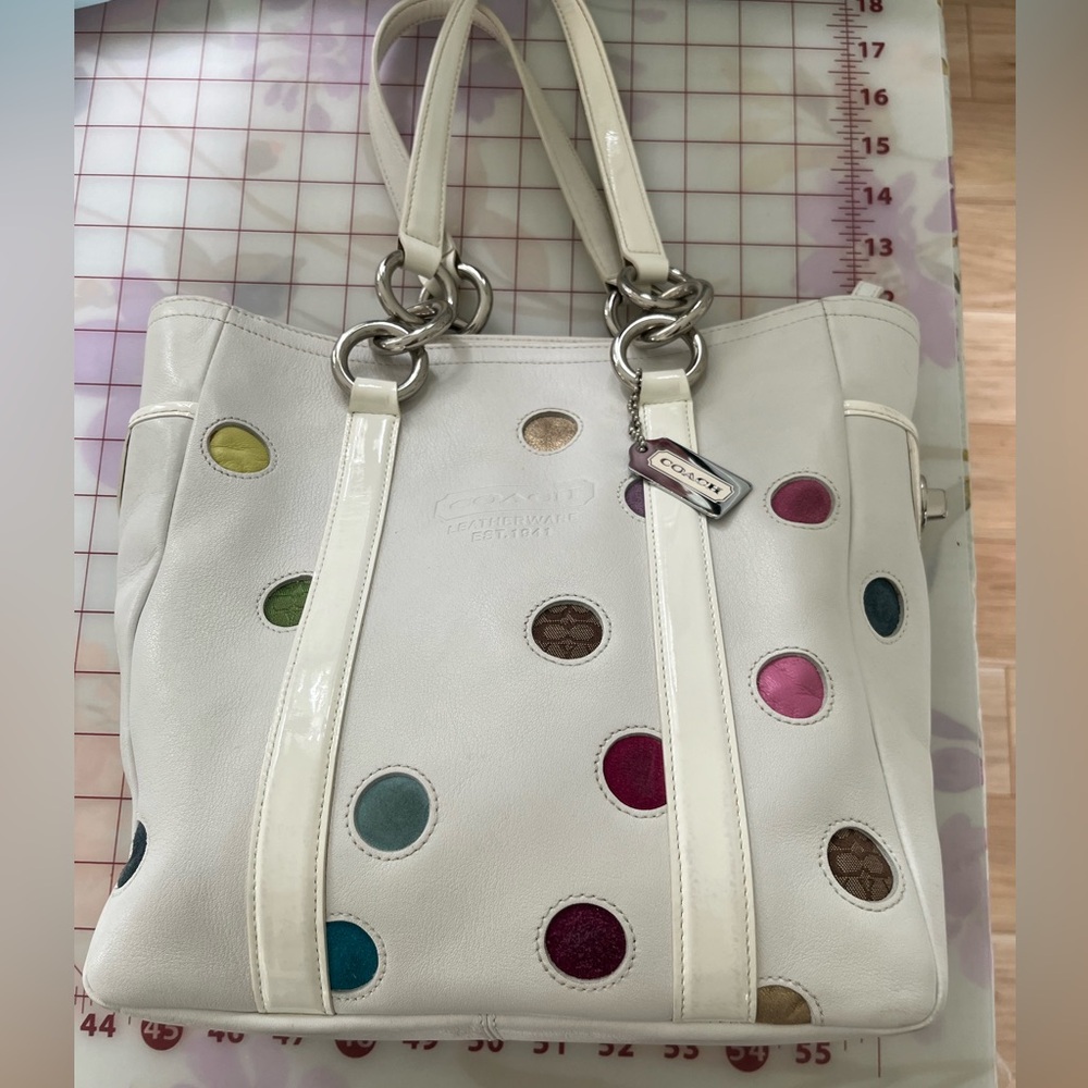 Coach Ltd Ed White Leather Multicolor Polka Dots Gallery tote Bag.